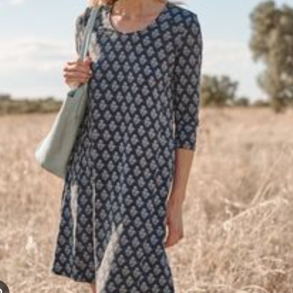 Garnet Hill Blue Blockprint Floral Tencel Lyocell Dress 3/4 Sleeve Size Medium